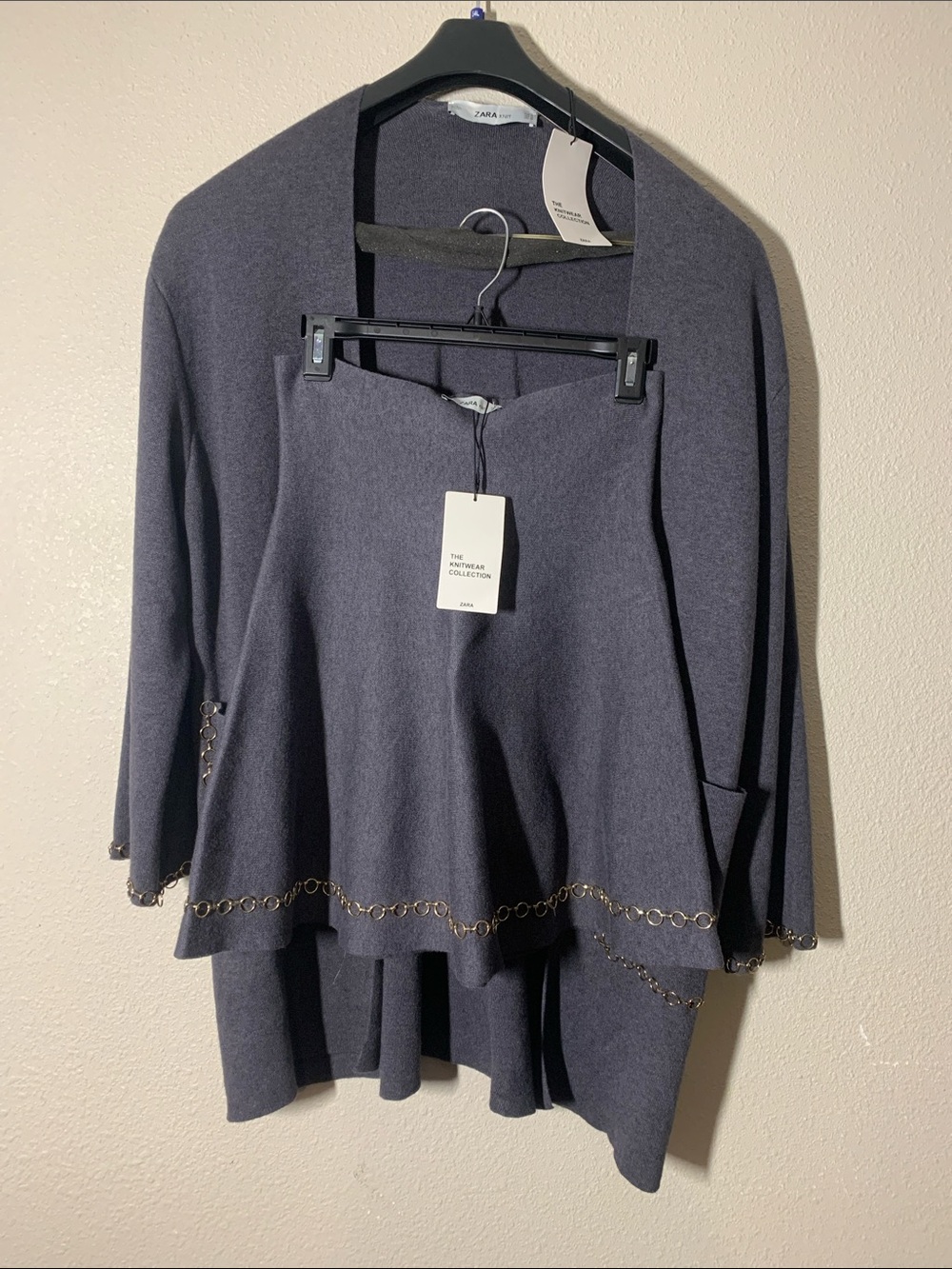 Zara Knit Women's Grey Open-Front Cardigan /Skirt Set Knitwear Collection